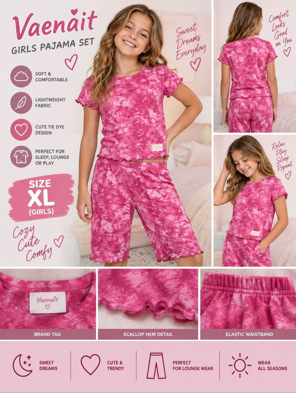 Vaenait baby girls XL Pink tie dye pajamas #06